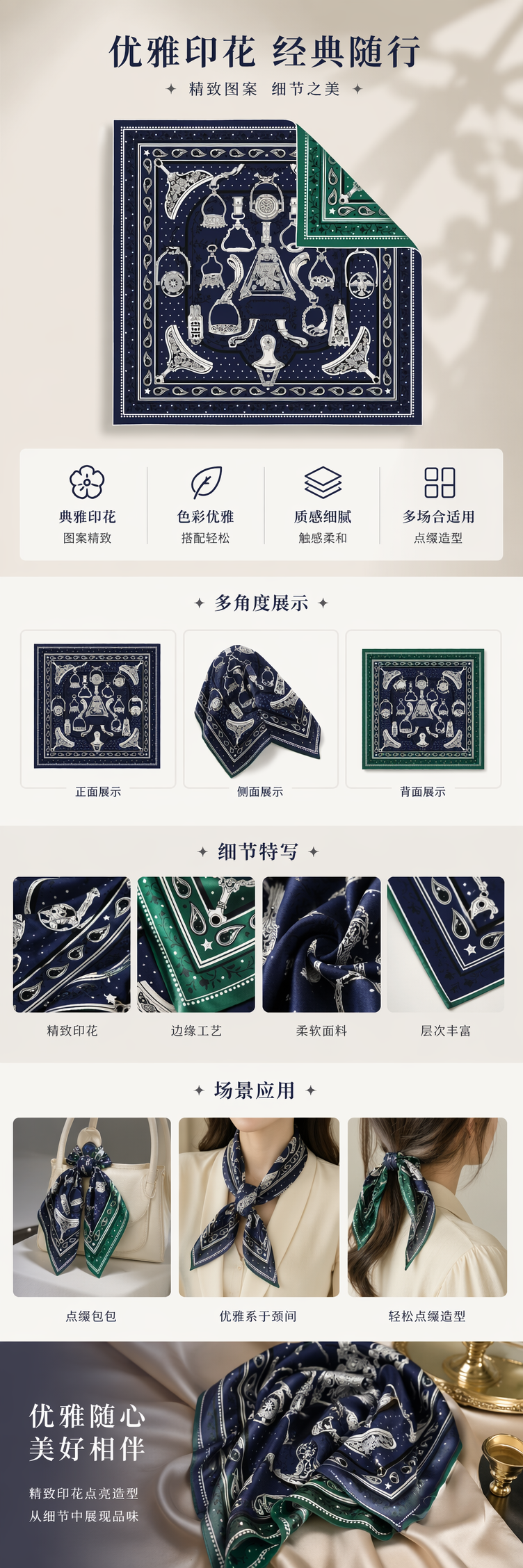 深蓝色马具图案方巾 白色图案 翻折绿色内衬详情1