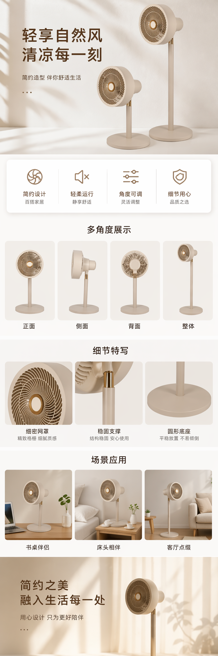 米色落地扇 家用静音节能广角送风三档调速详情1