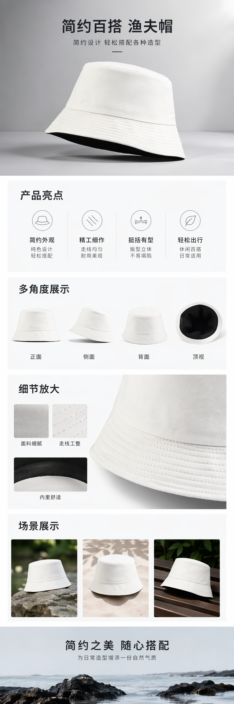 白色渔夫帽夏季防晒遮阳透气休闲百搭男女同款详情1