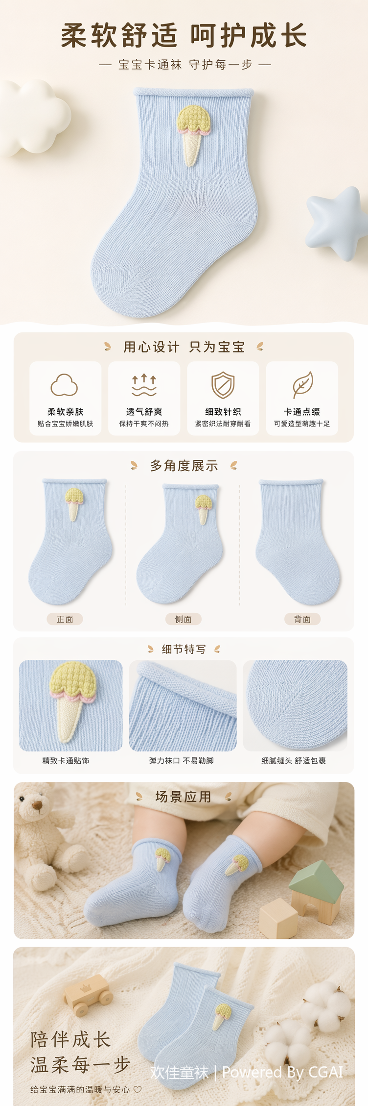 浅蓝色针织袜子 袜口冰淇淋造型装饰 pic 1