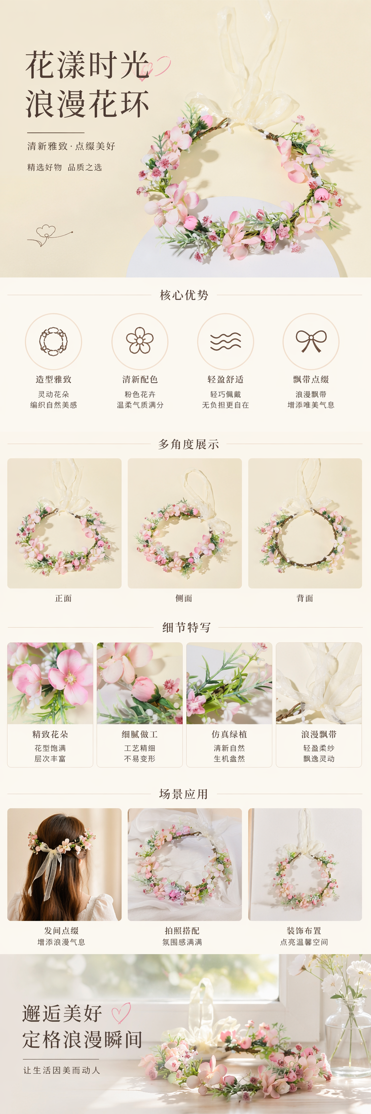 粉色花环头饰 派对婚礼拍照装饰发饰女童成人通用详情1