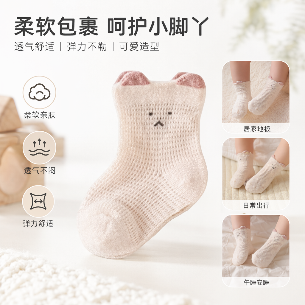 Pink cat ear socks, cute and girlish cotton mid-calf socks