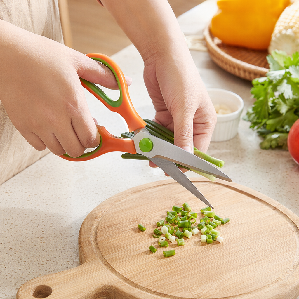 Orange and green kitchen scissors, stainless steel sharp, multi-functional household scissors details Picture