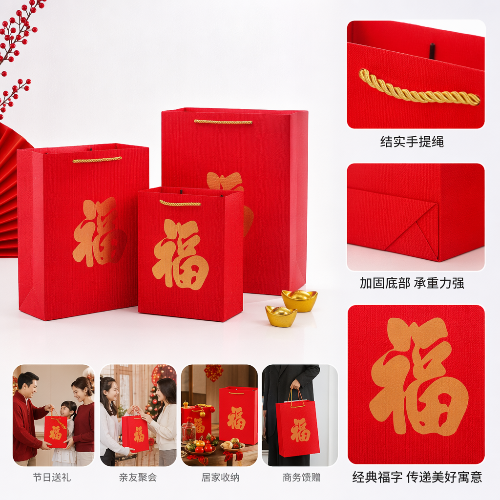 红色福字手提袋春节喜庆礼品包装袋大号图