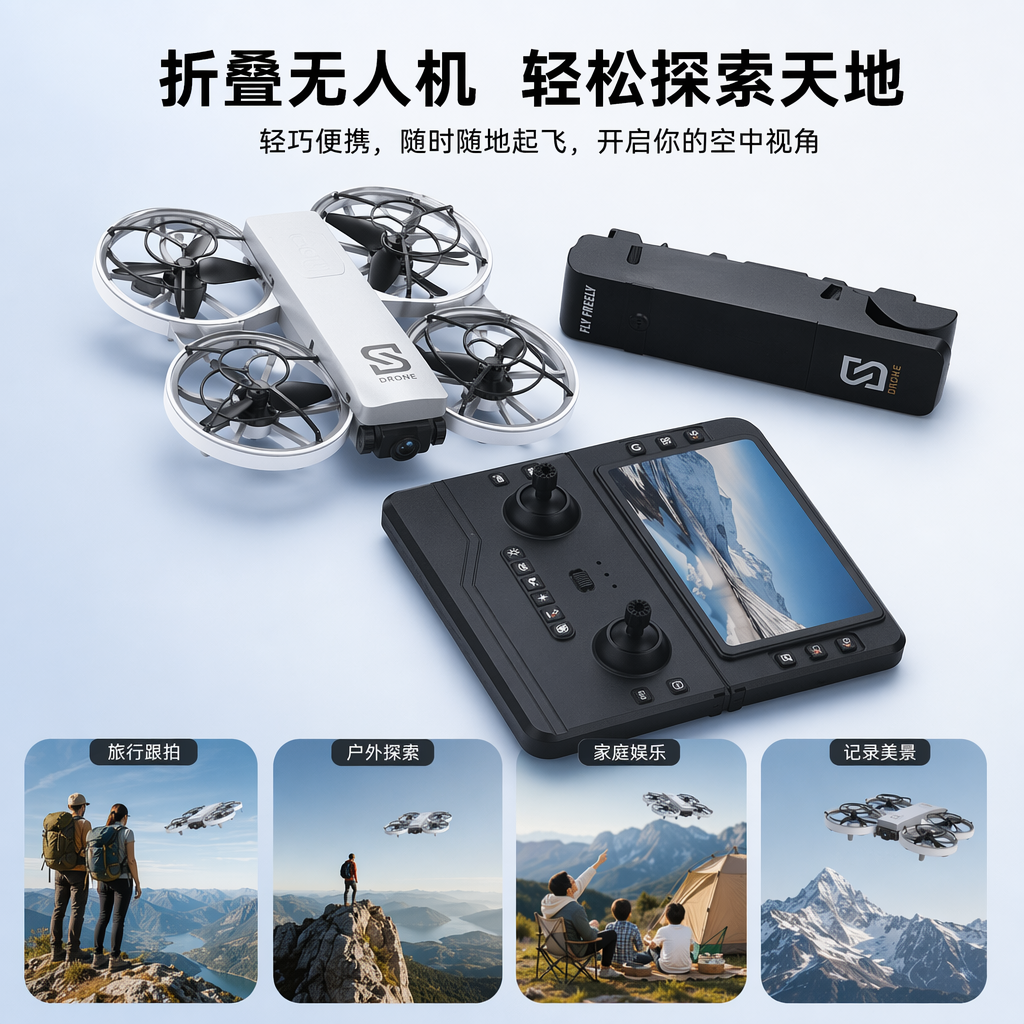 DRONE S32双旋翼无人机黑色遥控器带屏雪山图白色包装盒