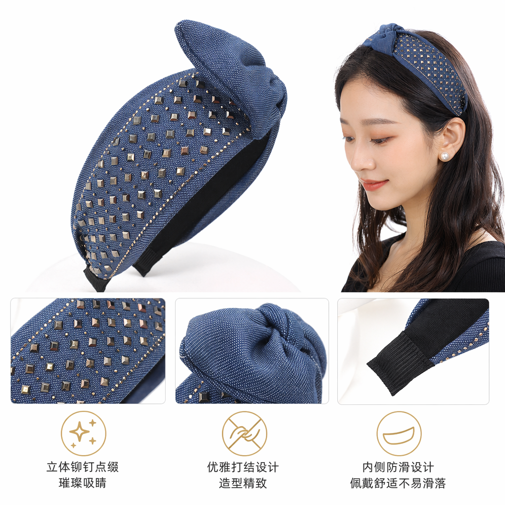 蓝色铆钉发箍女韩版简约百搭头饰弹性舒适