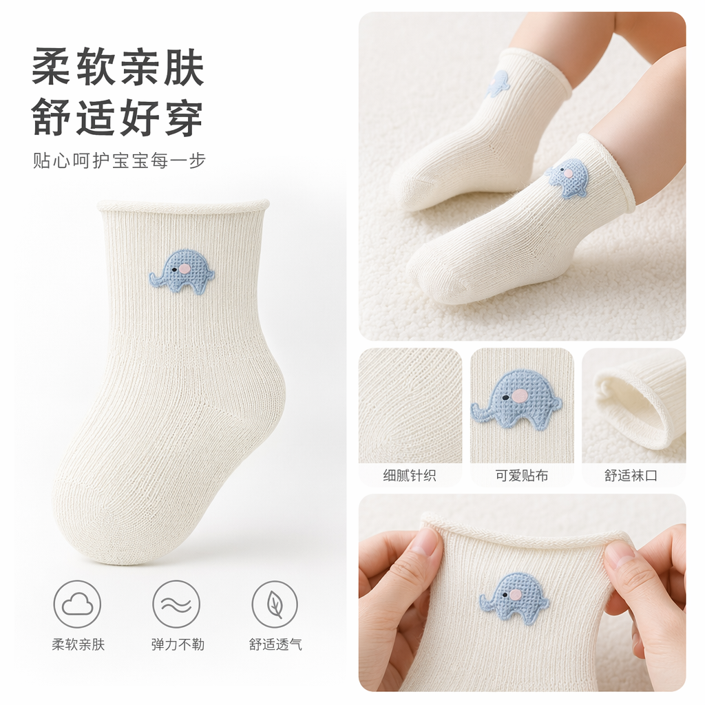 The beige knitted baby socks have a blue embroidered pattern of a little elephant at the top