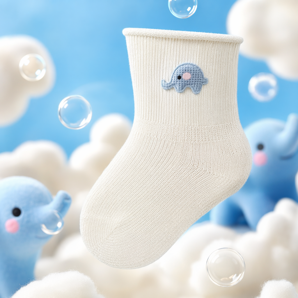 The beige knitted baby socks have a blue embroidered pattern of a little elephant at the top Specification image
