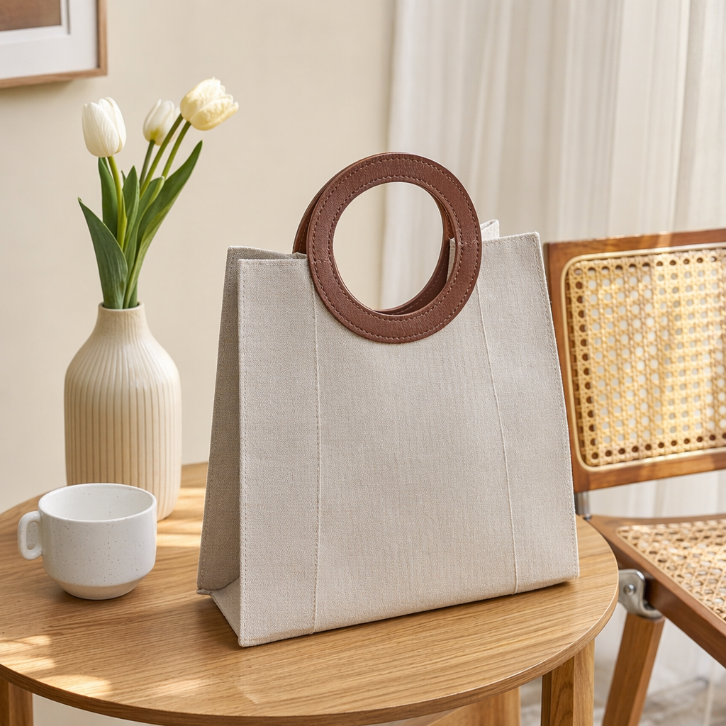 Brown circular handle transparent handbag, simple, fashionable and eco-friendly shopping bag details Picture