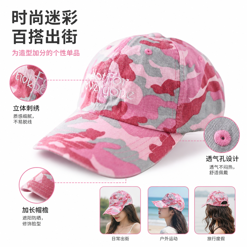 粉色迷彩印花棒球帽 男女通用休闲百搭遮阳帽