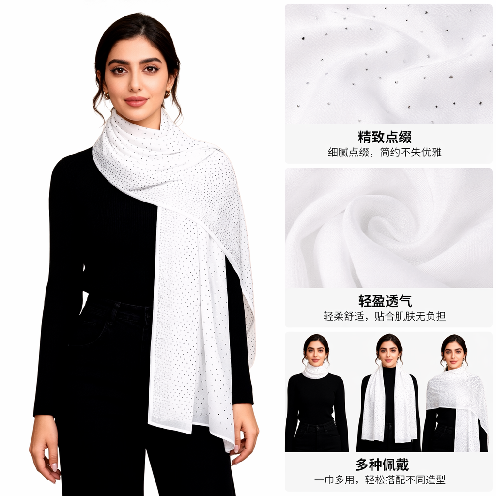 白色波点围巾女秋冬保暖纯棉时尚百搭长款