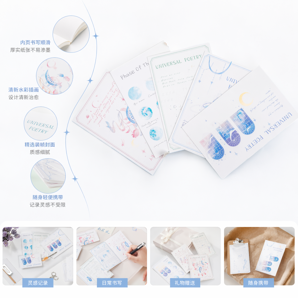 UNIVERSAL POETRY蓝色主题明信片礼盒 珍珠镶嵌钢琴造型 文艺手账伴手礼
