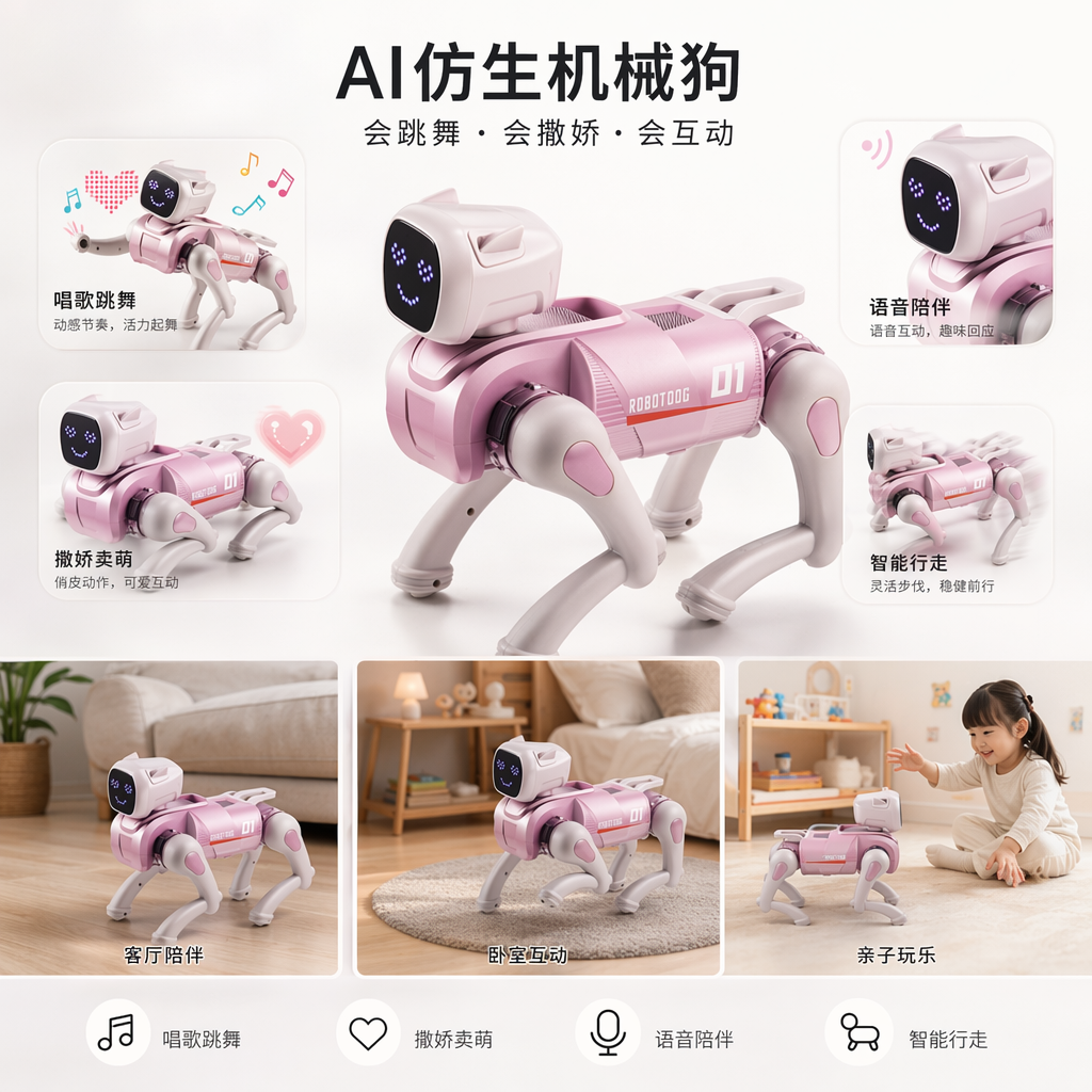 粉色AI仿生智能机械狗可编程遥控宠物玩具
