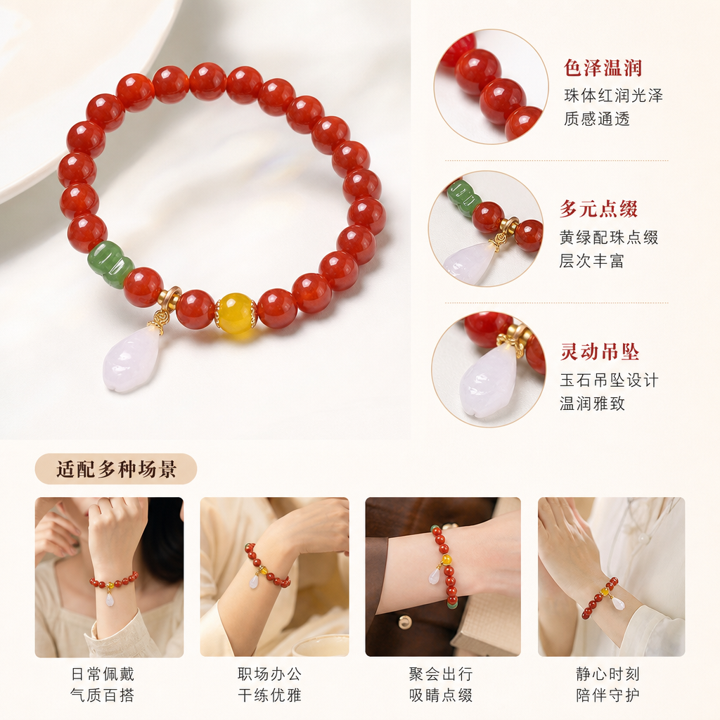 红色珠串手链点缀绿色黄色珠子及白色玉坠