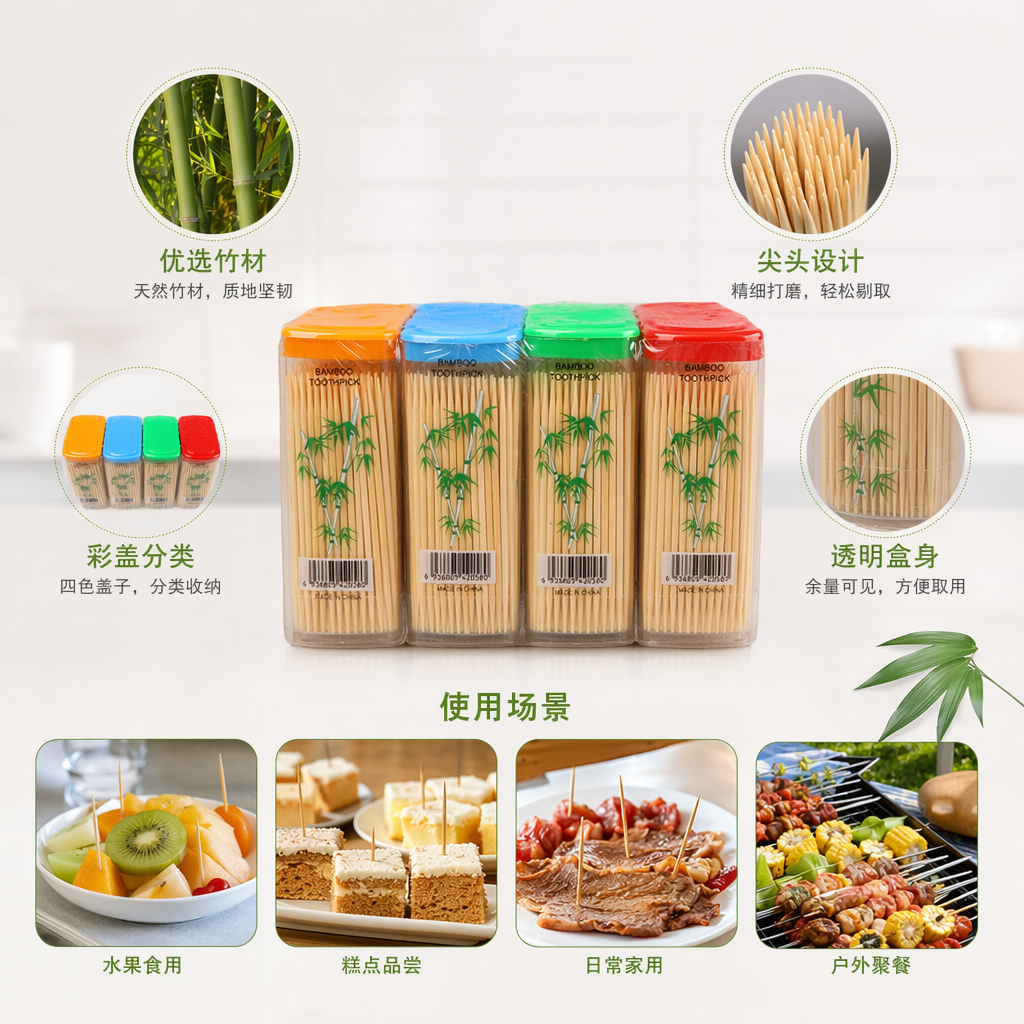 彩色盖子竹牙签盒 环保天然竹制家用厨房收纳简约风