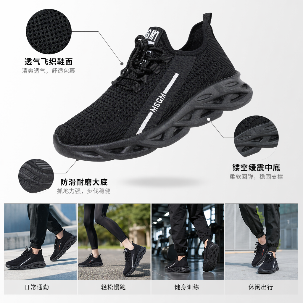 黑色运动鞋男款透气轻便缓震休闲跑步鞋