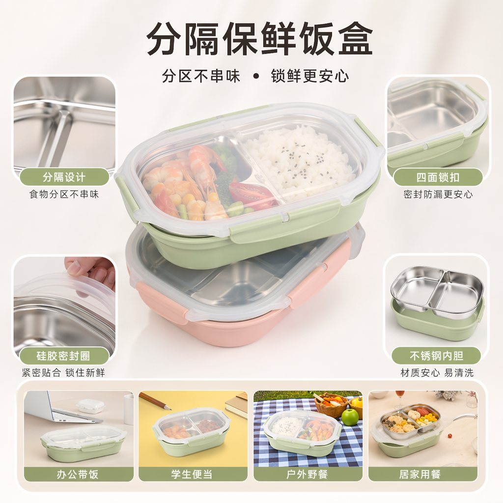 绿色粉色分隔饭盒便携式餐盒带盖密封防漏可微波加热