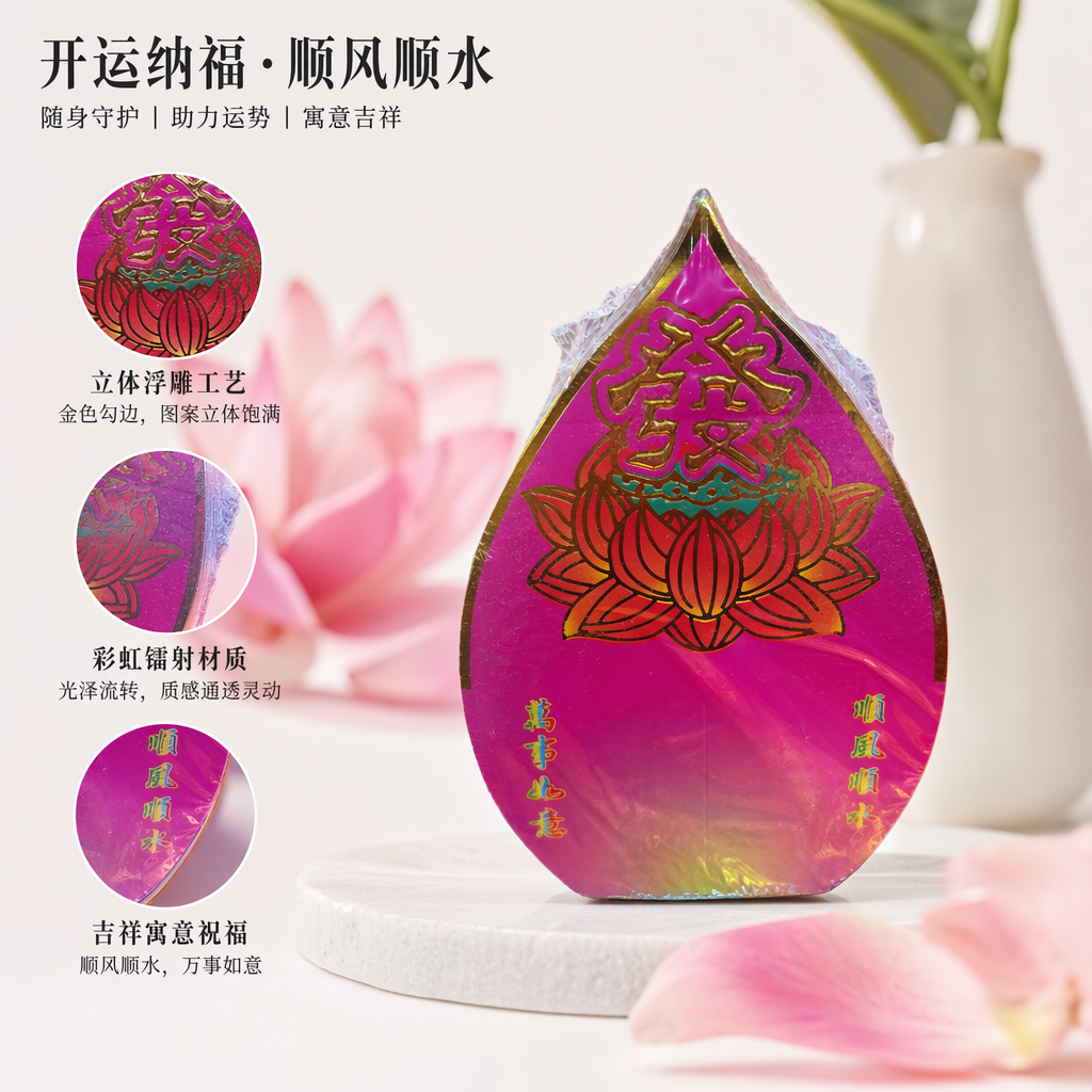粉色莲花造型祭品 顶部金色發字 红金渐变莲花 万事如意顺风顺水 透明膜包装