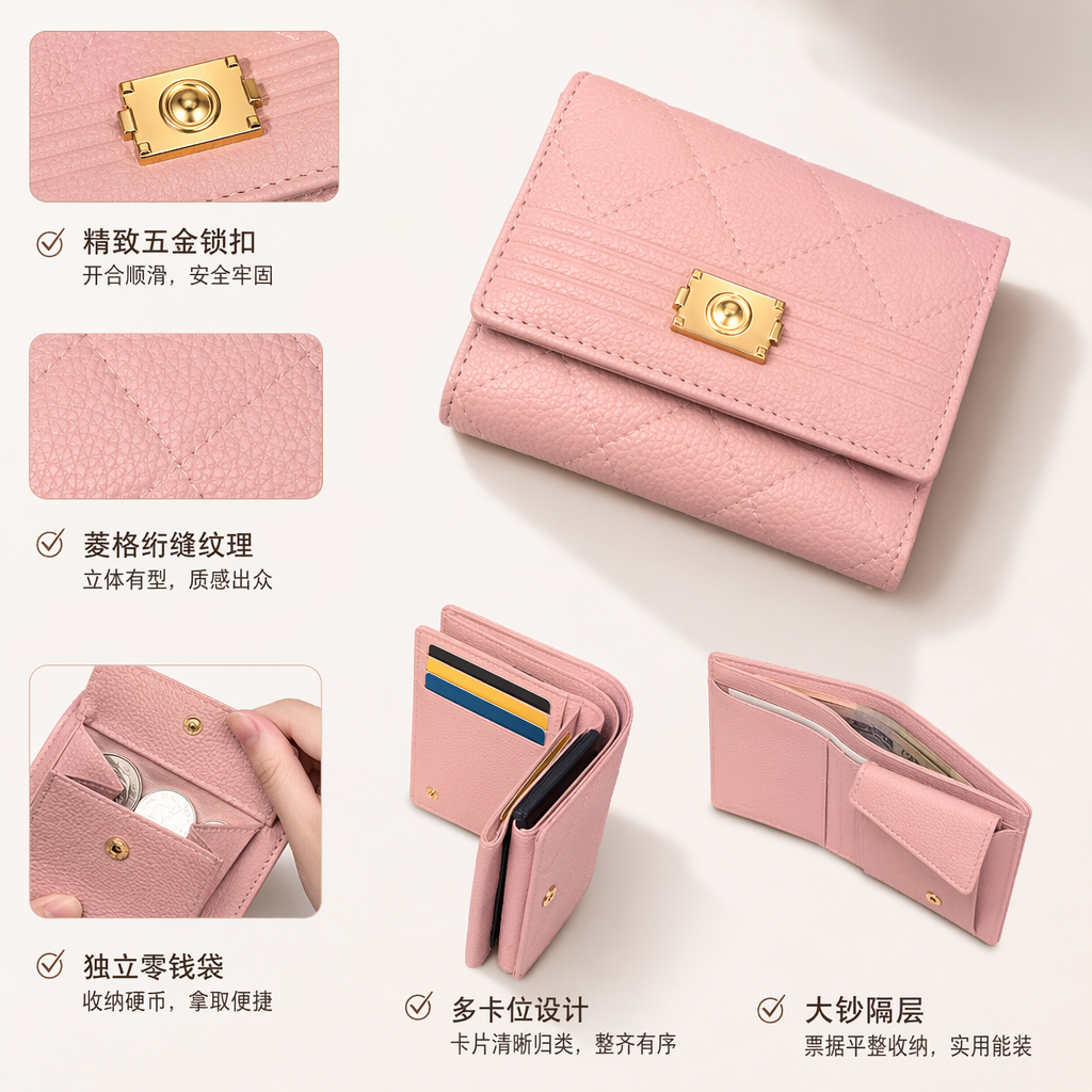 Five-color diamond-patterned leather small wallet mini change card case for women
