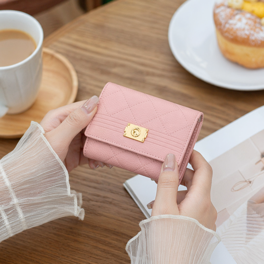 Five-color diamond-patterned leather small wallet mini change card case for women details Picture