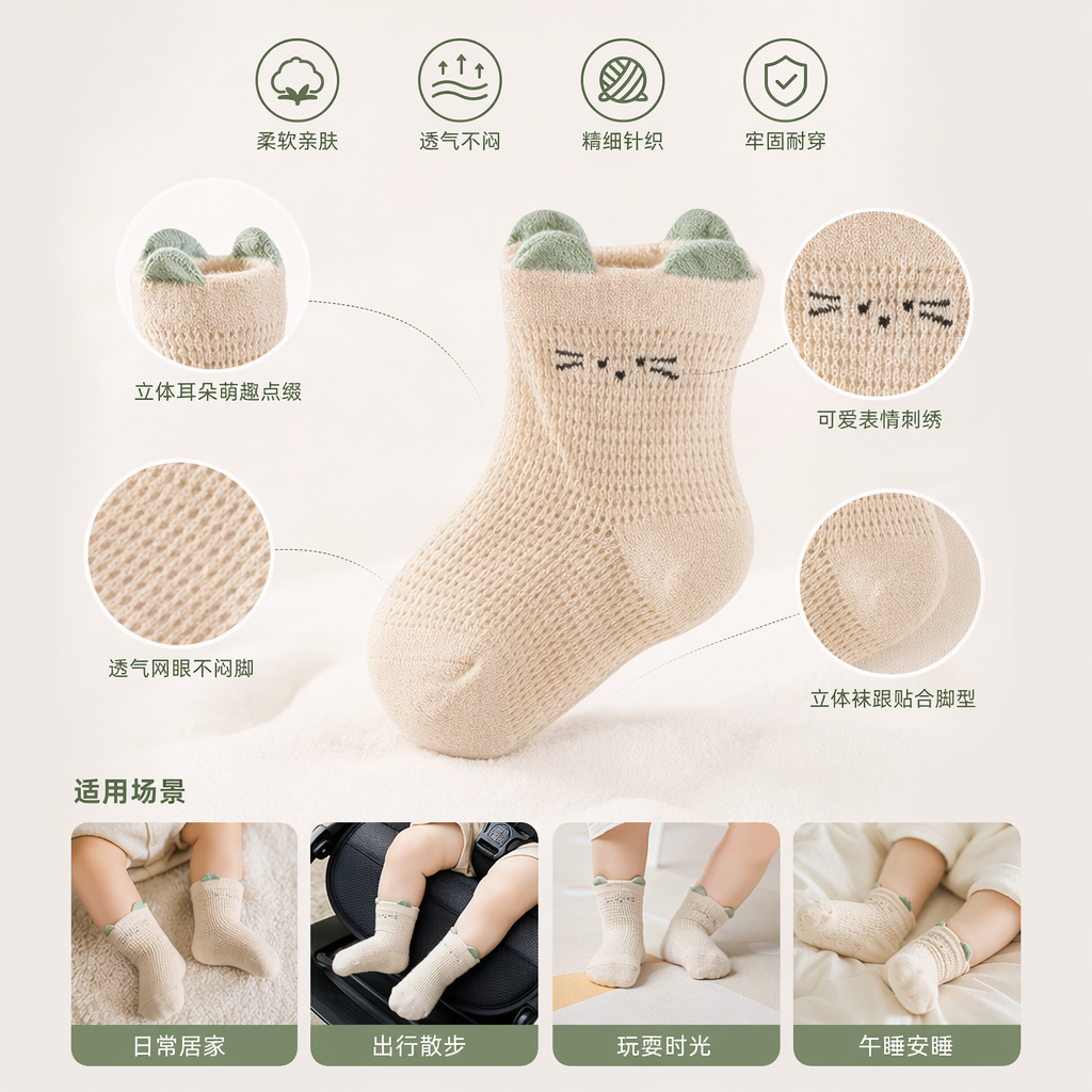Beige knitted cat-ear socks for women, warm and cute in autumn and winter