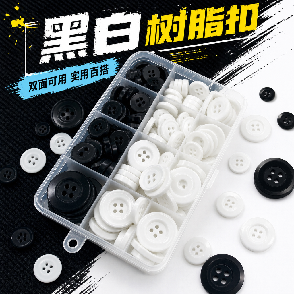 透明塑料分格盒装黑白纽扣细节图