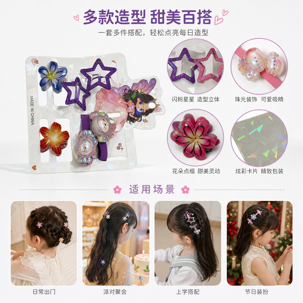 彩色儿童发饰套装 星星花朵蝴蝶发夹发圈配卡通仙女卡板
