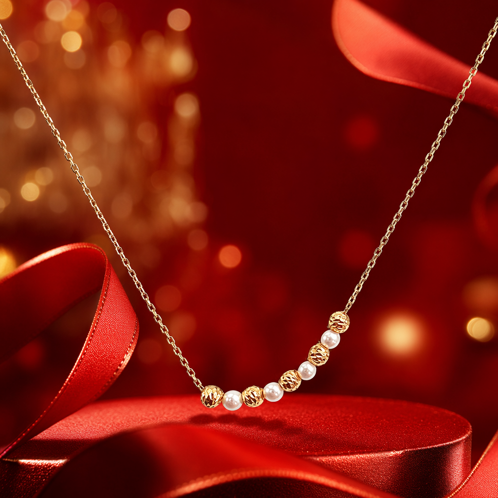 Mousse S925 silver jewelry gold chain necklace with white pearls and gold bead jewelry hanging card packaging Specification image
