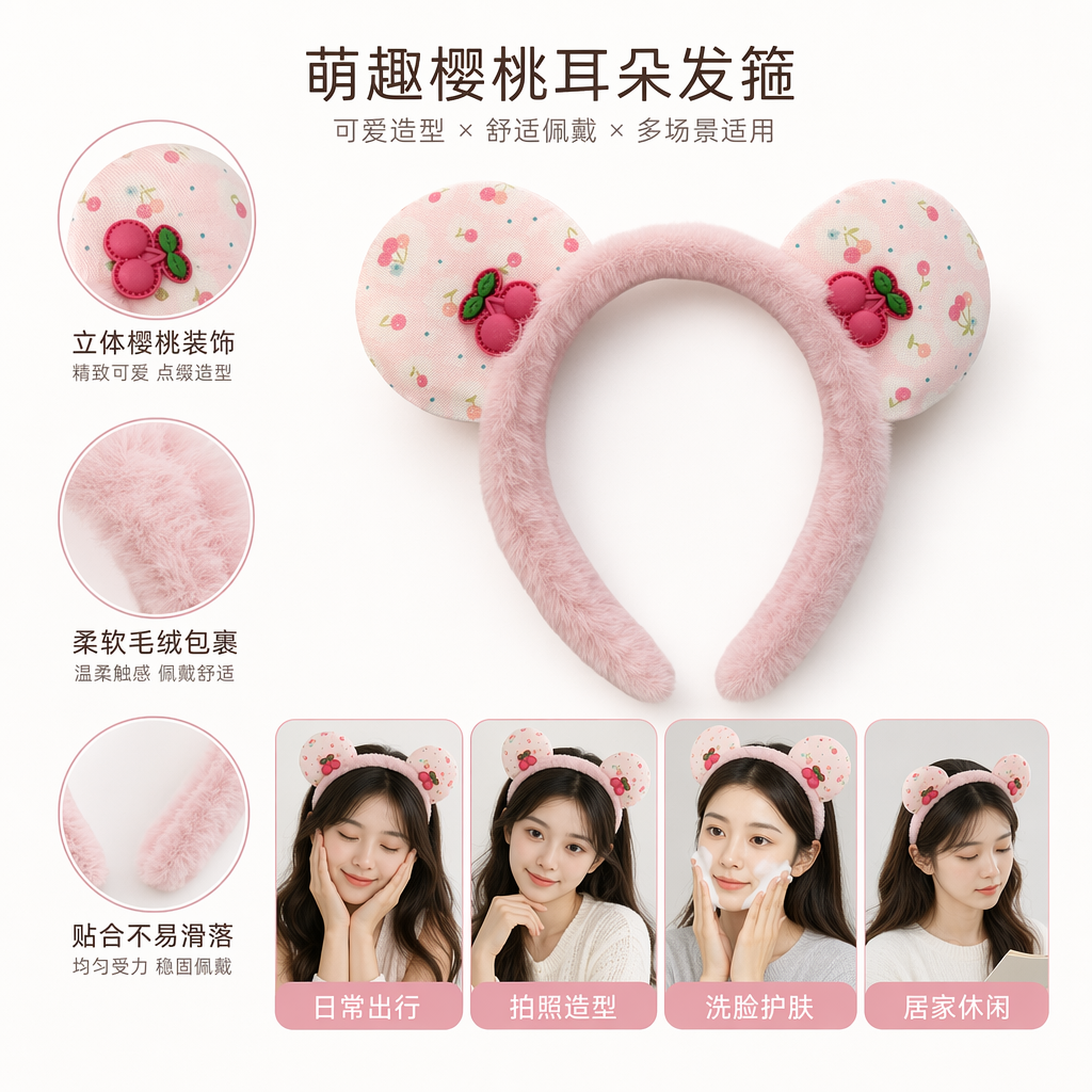 粉色毛绒米奇耳朵发箍带樱桃装饰可爱少女头饰图