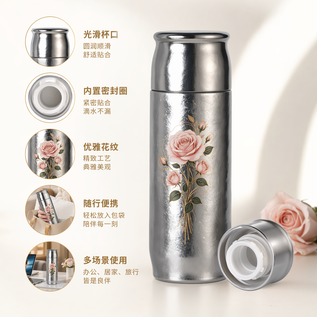 银色保温杯粉色玫瑰花束图案350ml不锈钢真空隔热