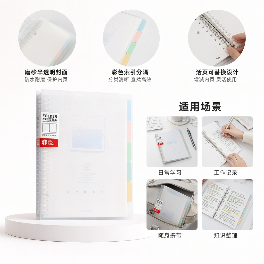 彩色插页活页本透明外壳螺旋装订多色标签页粉蓝白封面横线内页配白笔