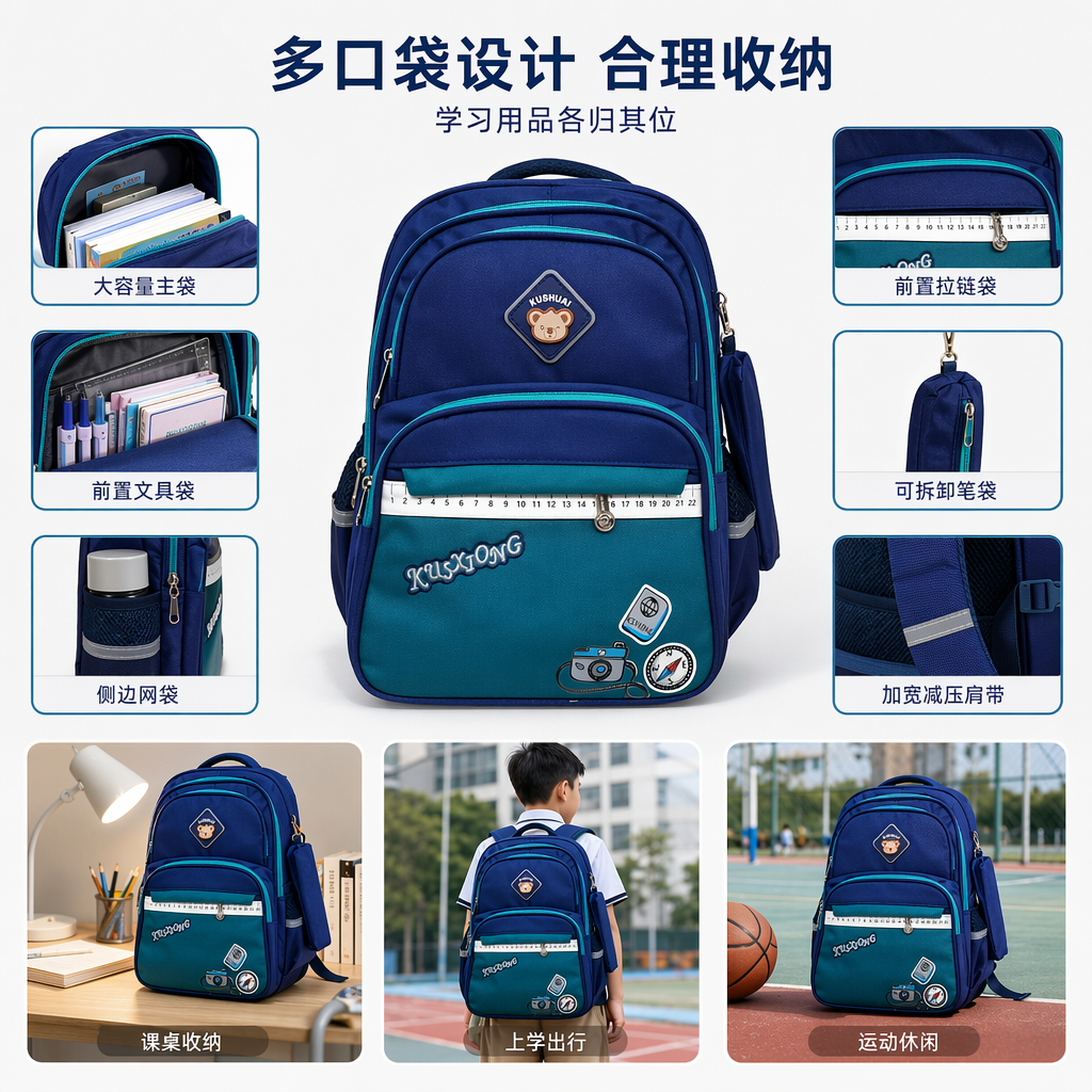 蓝色儿童书包小学生轻便防水双肩背包幼儿园男女童🎒
