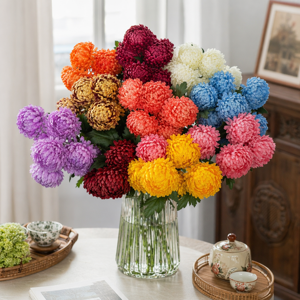 Colorful simulated chrysanthemum bouquets for home decoration and flower arrangement in the living room and bedroom details Picture