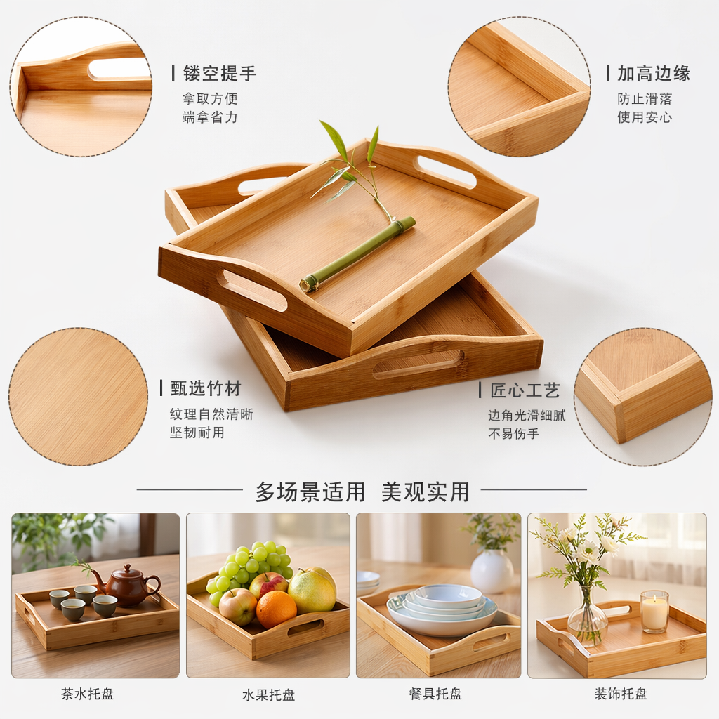 浅色竹制托盘家用简约茶几收纳盘天然环保实木纹理