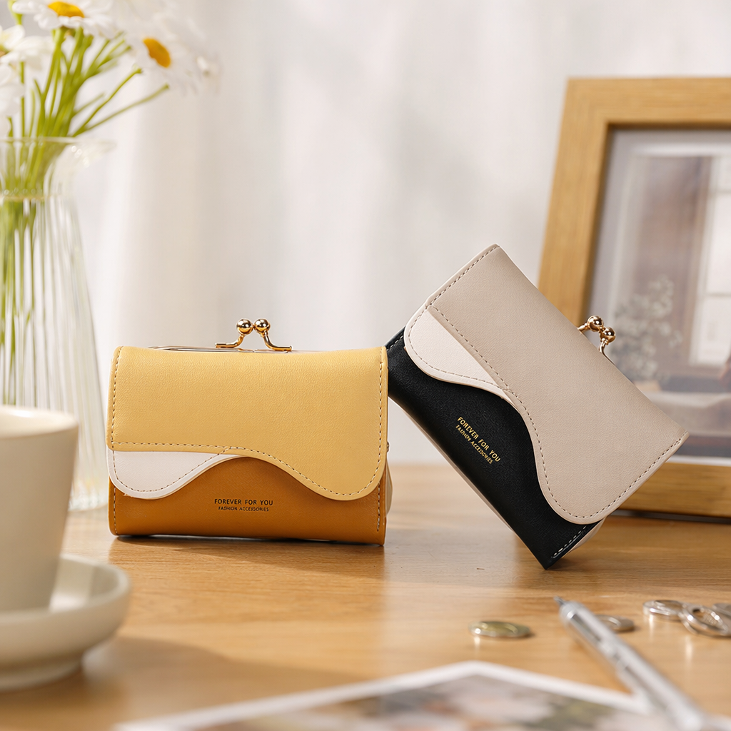 Beige and black combination wallet, yellow and brown combination women's fashionable two-color clutch bag details Picture