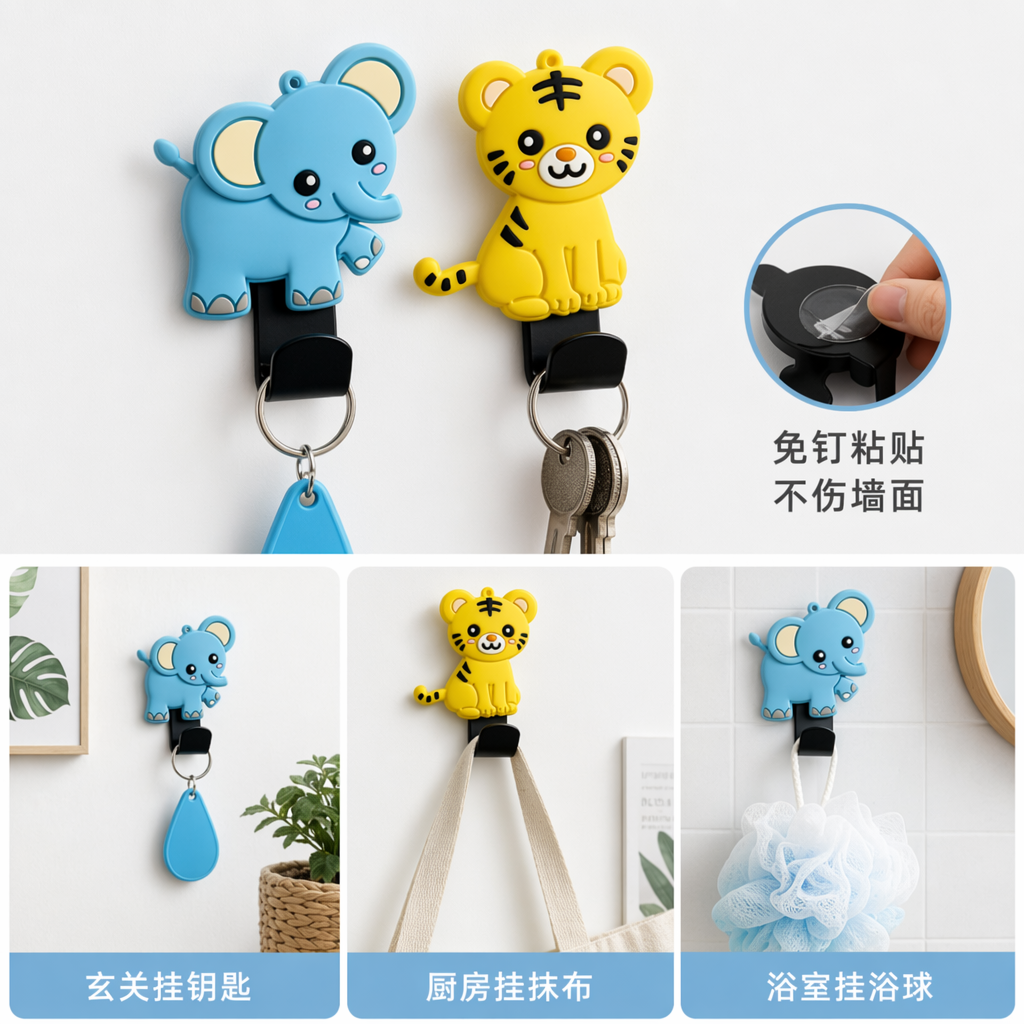 Colorful cartoon animal hooks, rabbit, panda, elephant and tiger-shaped keychain hangers, bathroom door, dormitory wall hangers, clothes and hats wholesale, cute PVC animal hangers, cartoon hook hangers