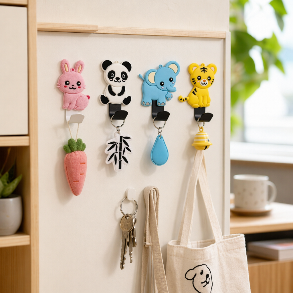 Colorful cartoon animal hooks, rabbit, panda, elephant and tiger-shaped keychain hangers, bathroom door, dormitory wall hangers, clothes and hats wholesale, cute PVC animal hangers, cartoon hook hangers details Picture