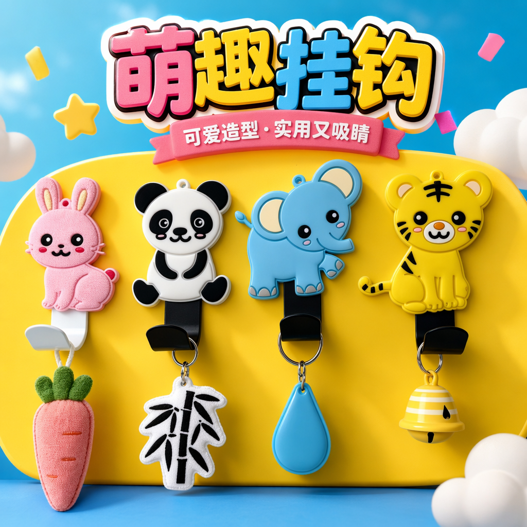 Colorful cartoon animal hooks, rabbit, panda, elephant and tiger-shaped keychain hangers, bathroom door, dormitory wall hangers, clothes and hats wholesale, cute PVC animal hangers, cartoon hook hangers Specification image