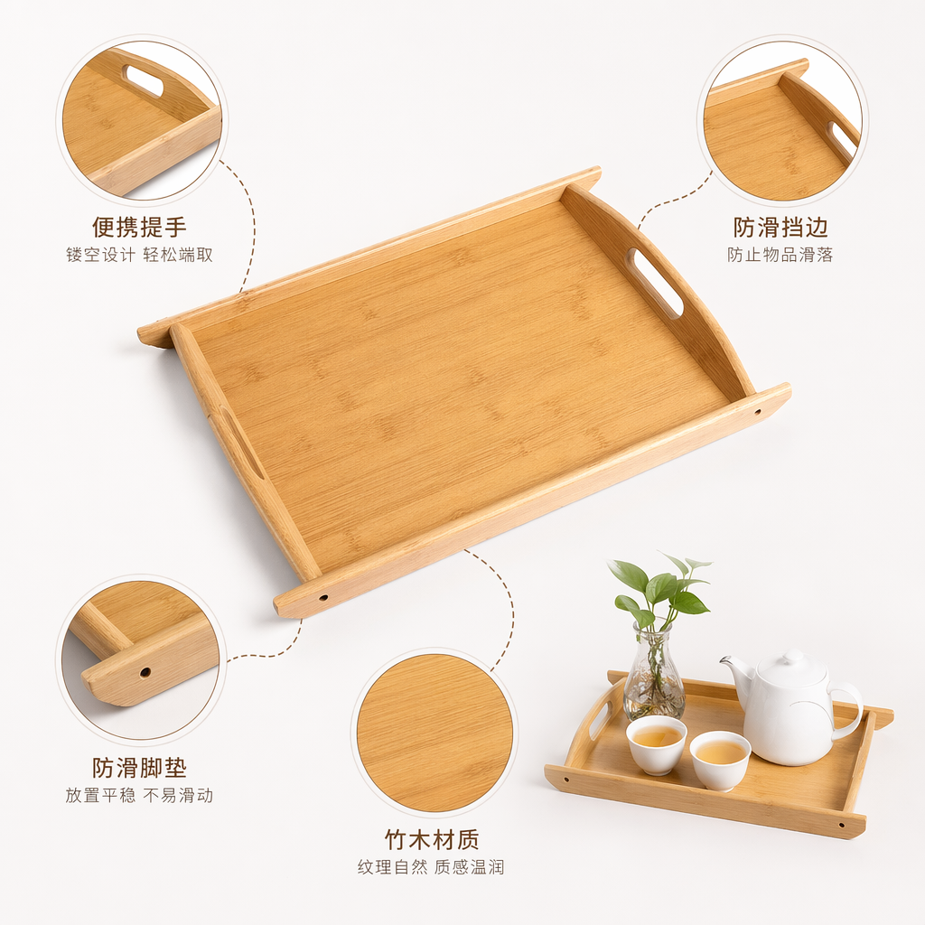 浅色竹制双耳托盘 家居收纳摆件 北欧风茶几托盘