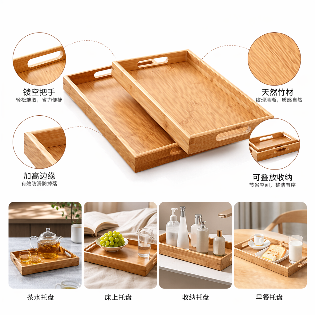 浅色竹制托盘天然环保家用茶几收纳盘图