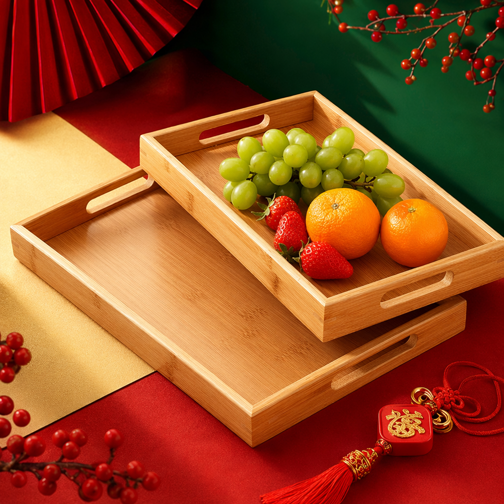 浅色竹制托盘细节图