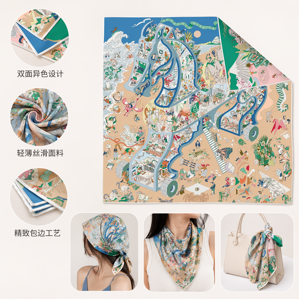 彩色插画真丝围巾女士春夏薄款时尚百搭轻奢小方巾