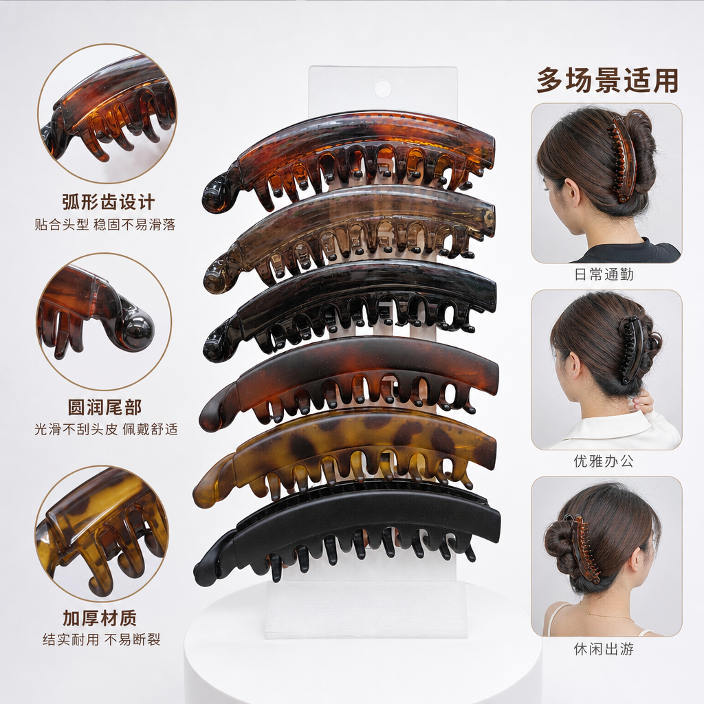 琥珀色黑色堆叠大齿香蕉夹发夹 时尚简约女士头饰
