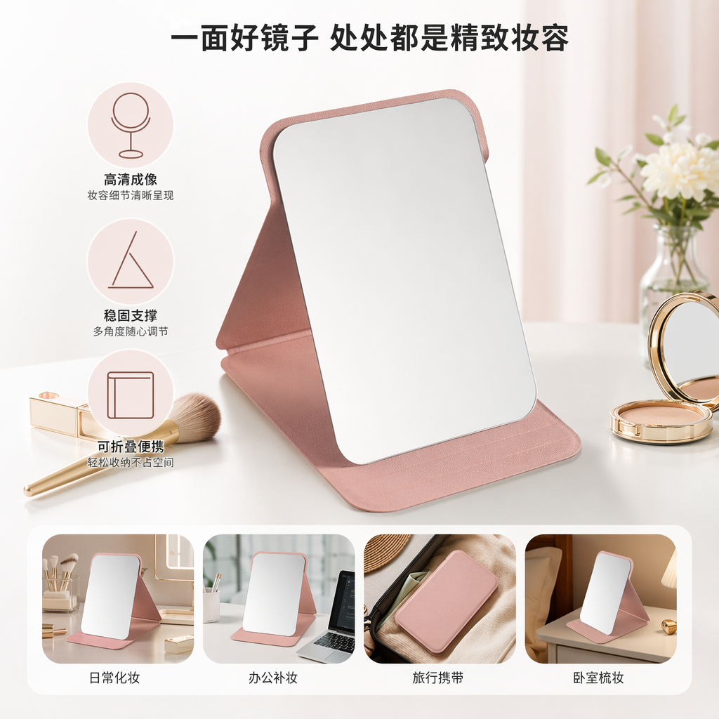 粉色皮质化妆镜 可调节角度便携桌面镜