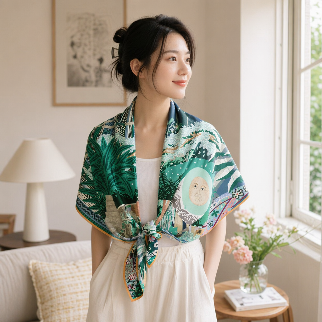 The colorful printed silk scarf is a light, breathable, fashionable and versatile thin silk scarf for women in spring and summer details Picture
