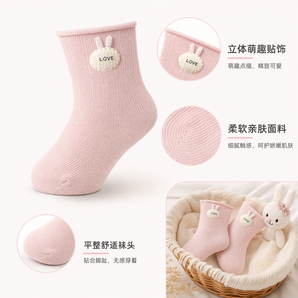 Pink knitted socks with rabbit ear decorations and a LOVE label