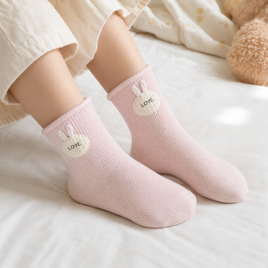 Pink knitted socks with rabbit ear decorations and a LOVE label details Picture