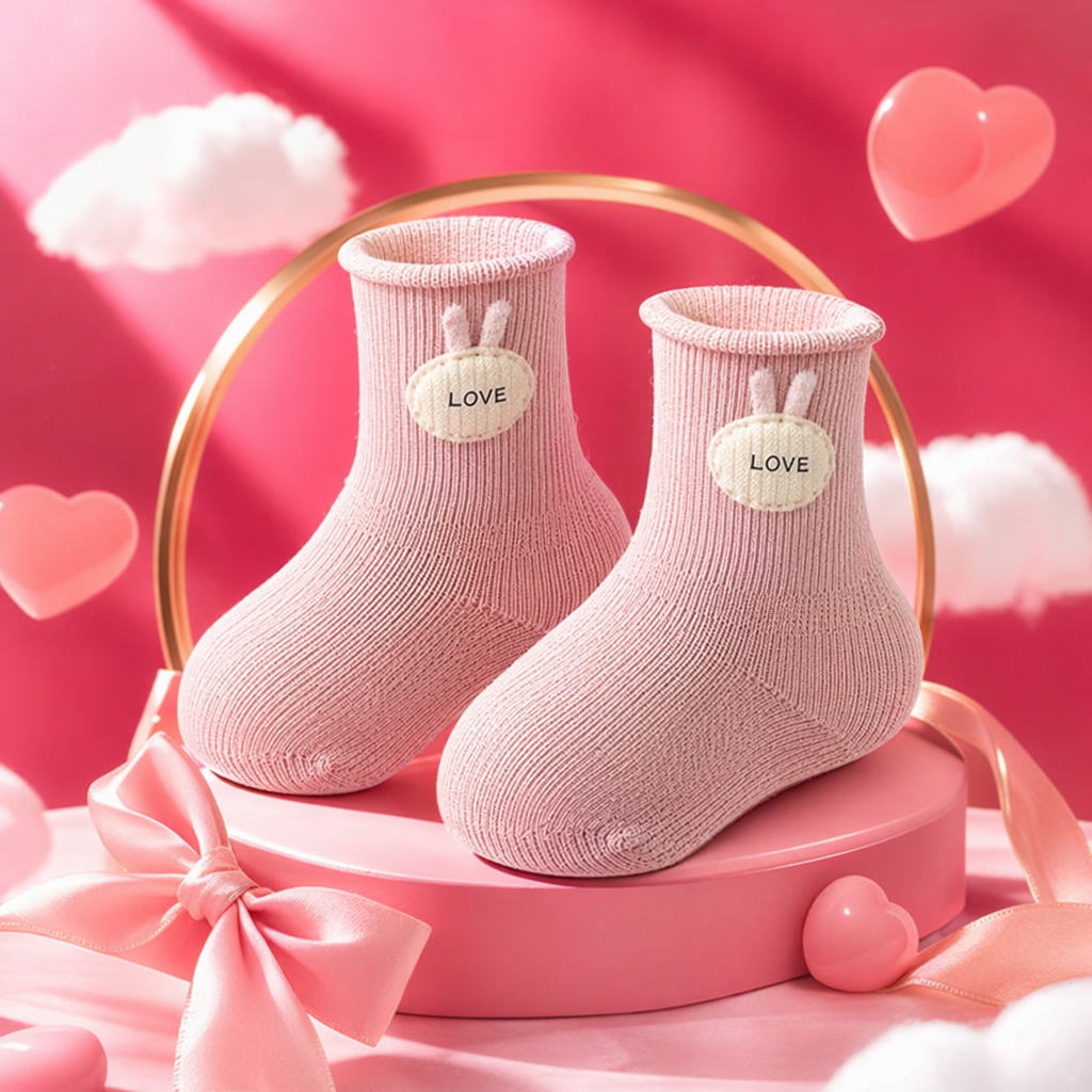 Pink knitted socks with rabbit ear decorations and a LOVE label Specification image
