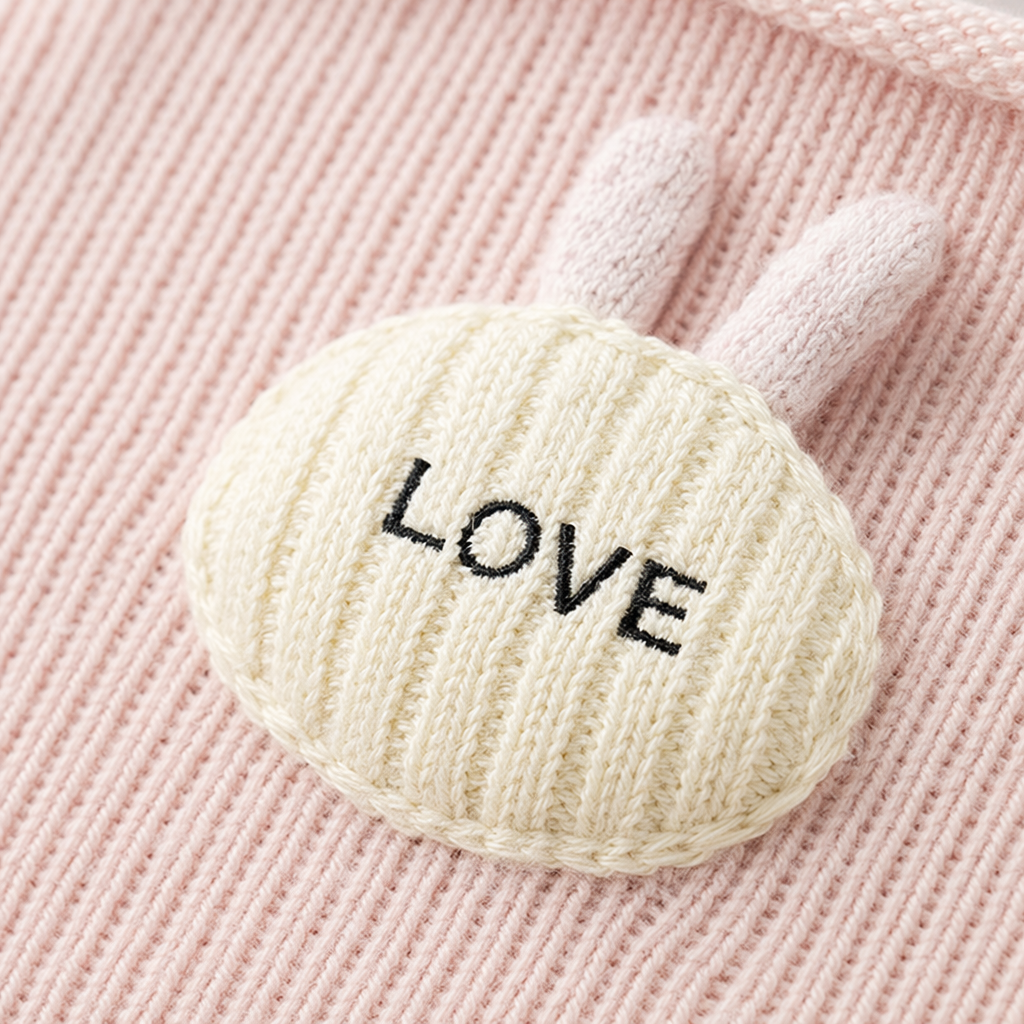 Pink knitted socks with rabbit ear decorations and a LOVE label Application Scenario