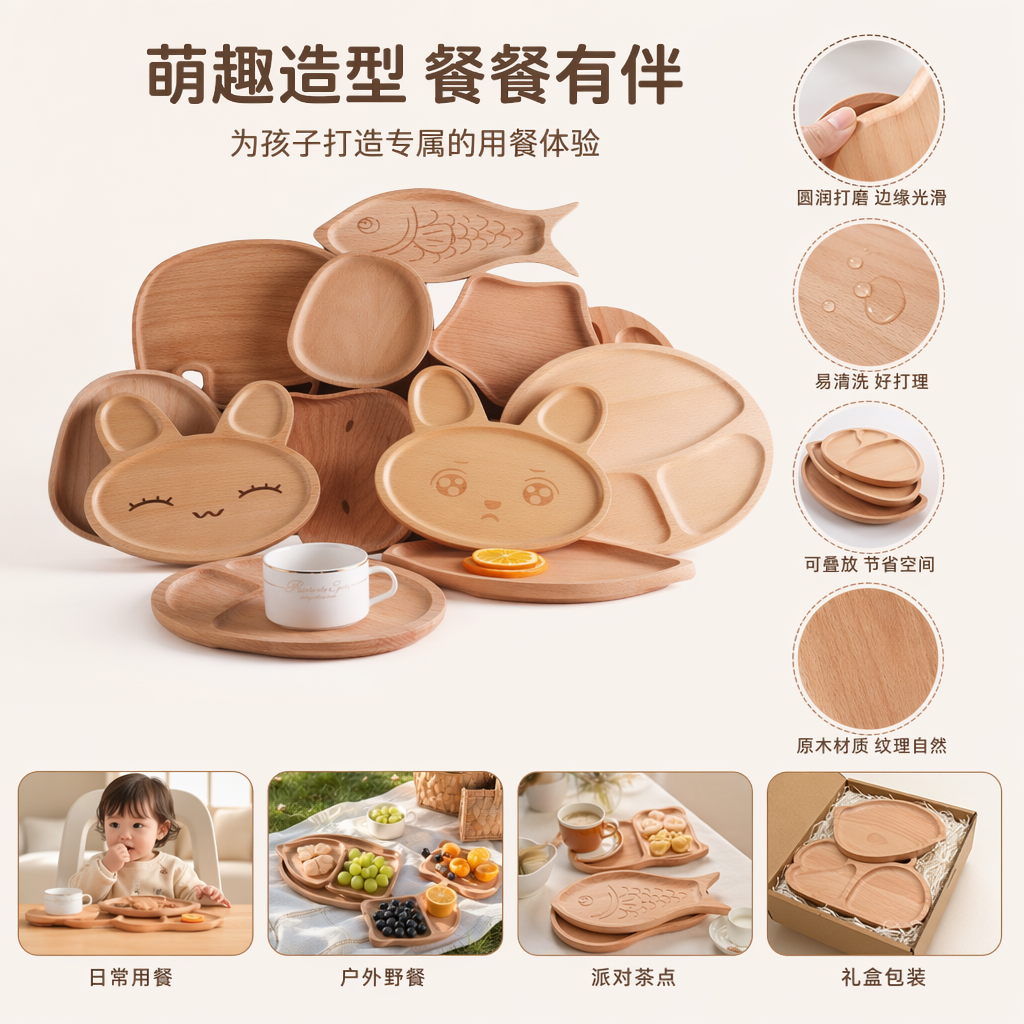 木质卡通造型餐盘组合 家用儿童可爱创意餐具套装图
